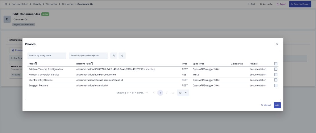 Add API Proxy Proxies dialog with proxy list, filters, and Add button