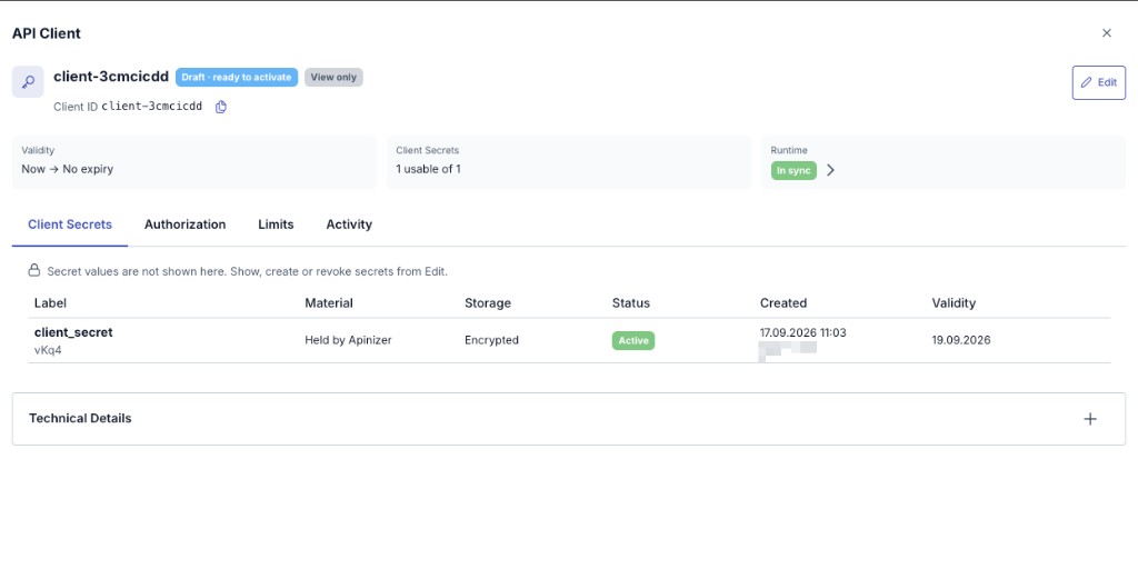 API client detail Client Secrets: version table, storage mode and status; secret value is not shown