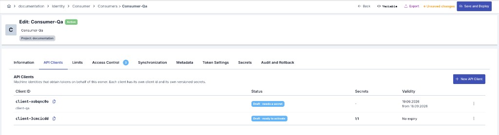 Consumer detail API Clients tab: client id, status, secret count and validity