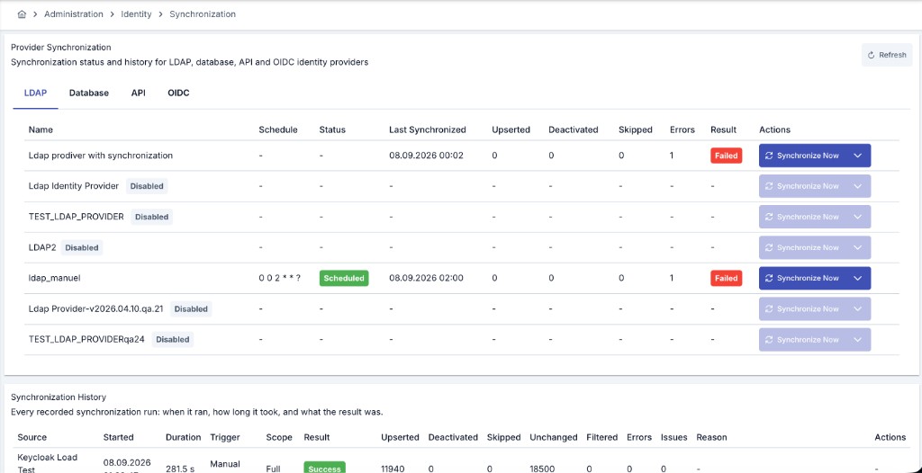 Credential Synchronization screen with LDAP Database API OIDC tabs, provider table, and synchronization history