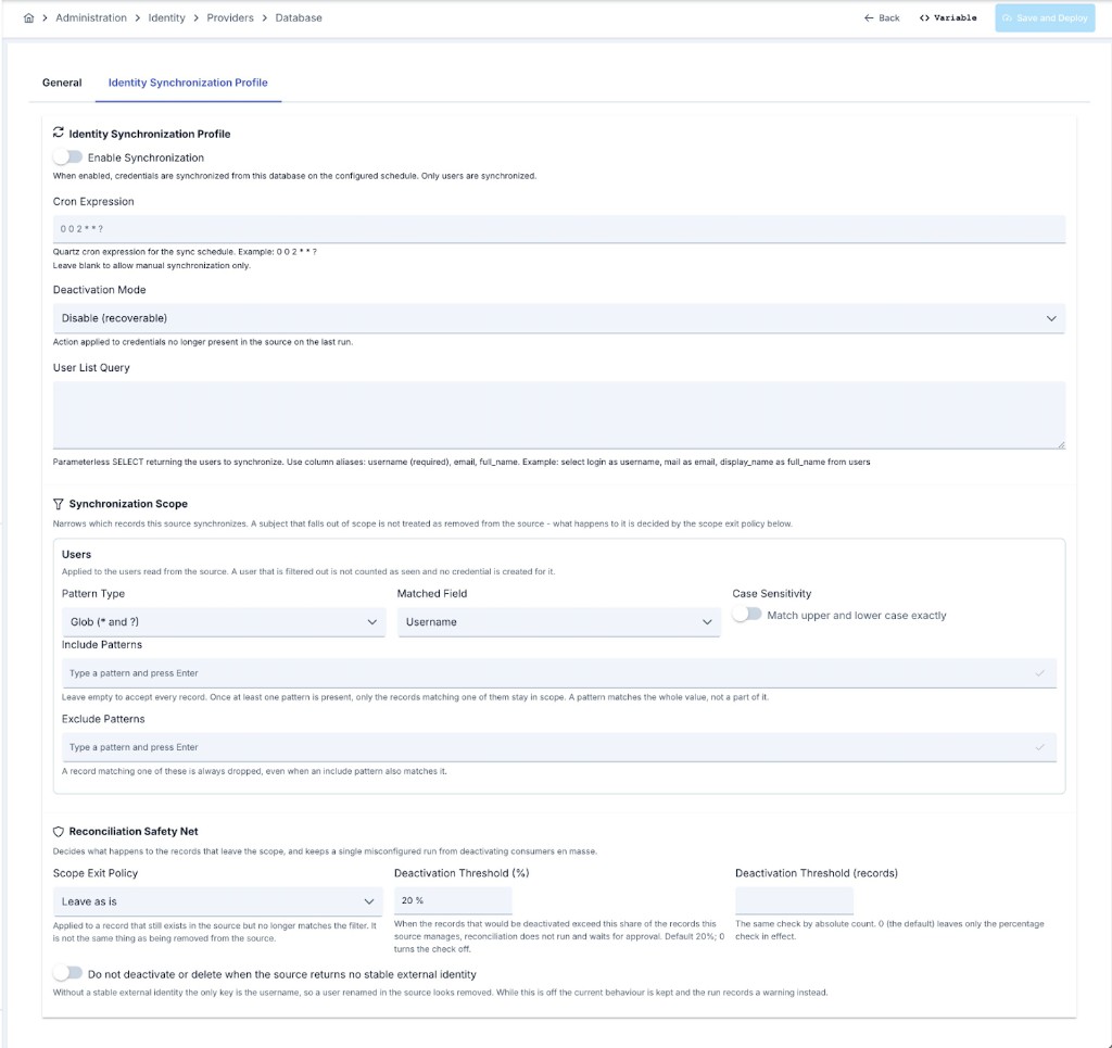 Database provider Identity Synchronization Profile tab with cron, deactivation mode, synchronization scope, and reconciliation safety net