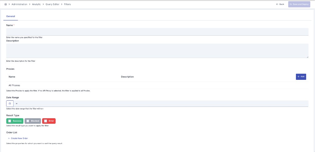Query Editor filter edit screen: Name, Proxies table, Date Range, Operation Result Type, and Sort Order
