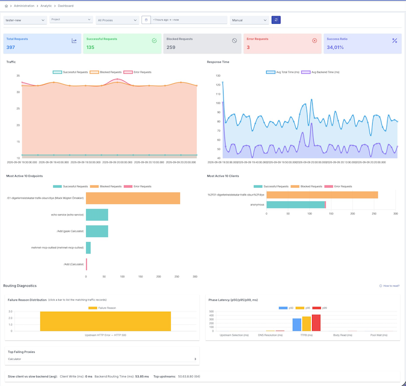 Pano — özet kartlar, Traffic/Response Time grafikleri, Most Active Endpoints/Clients ve Routing Diagnostics paneli