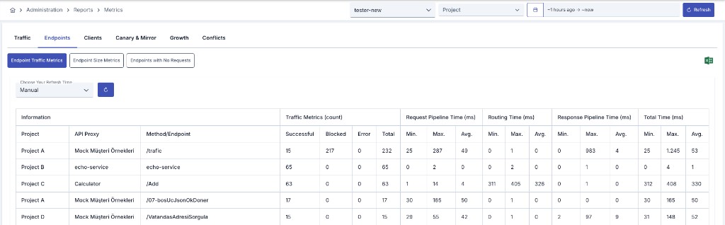 Metrikler — Endpoints sekmesi, Endpoint Traffic Metrics alt-raporu ve metot/uç nokta tablosu