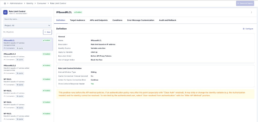 Rate Limit Control master-detail konsol — sol kayıt listesi ve Definition sekmesi