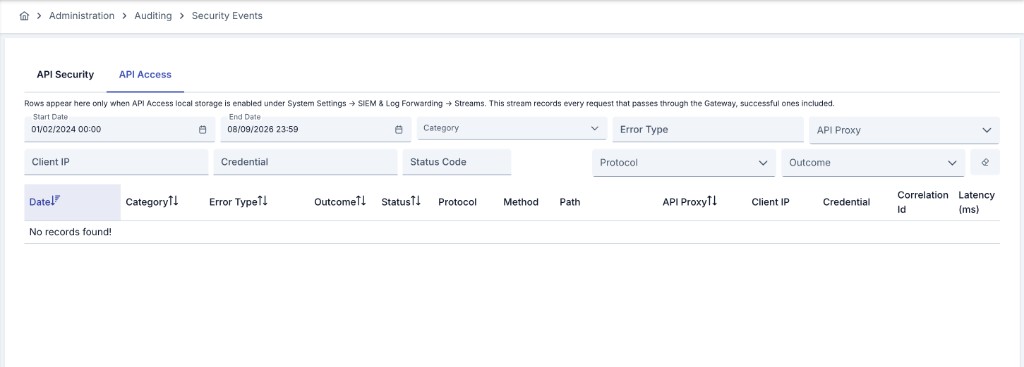 Security Events API Access tab empty list with info banner when local storage is disabled