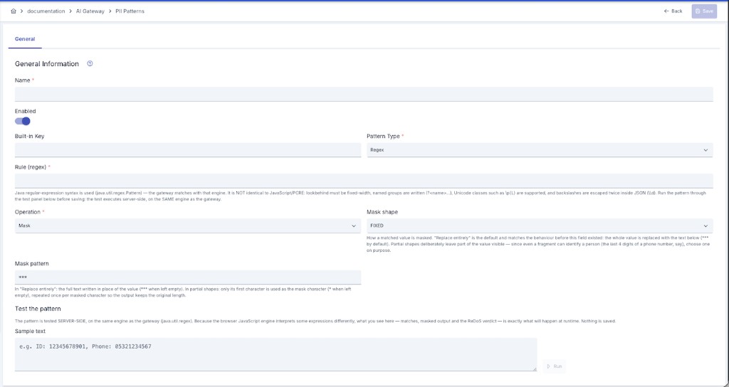 PII Pattern Create formu — Pattern Type, Rule, Operation ve Mask ayarları