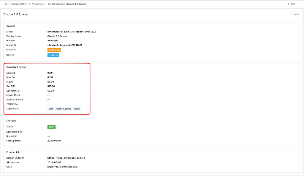 Model detayı — Kapasite & Fiyat (In/Out/Cached birim fiyatları)