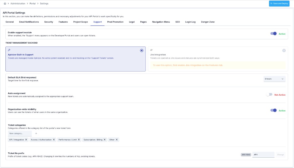 API Portal Settings — Support tab