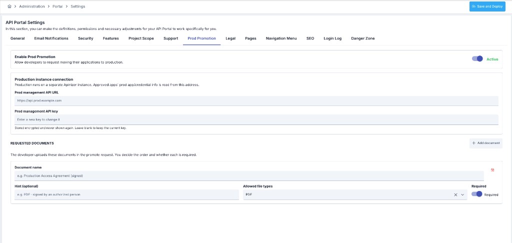 API Portal Settings — Prod Promotion tab