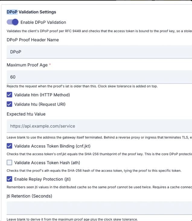 DPoP validation settings in the Apinizer JOSE Validation policy: proof header name, maximum proof age, htm/htu validation, cnf.jkt binding, ath, and jti replay protection