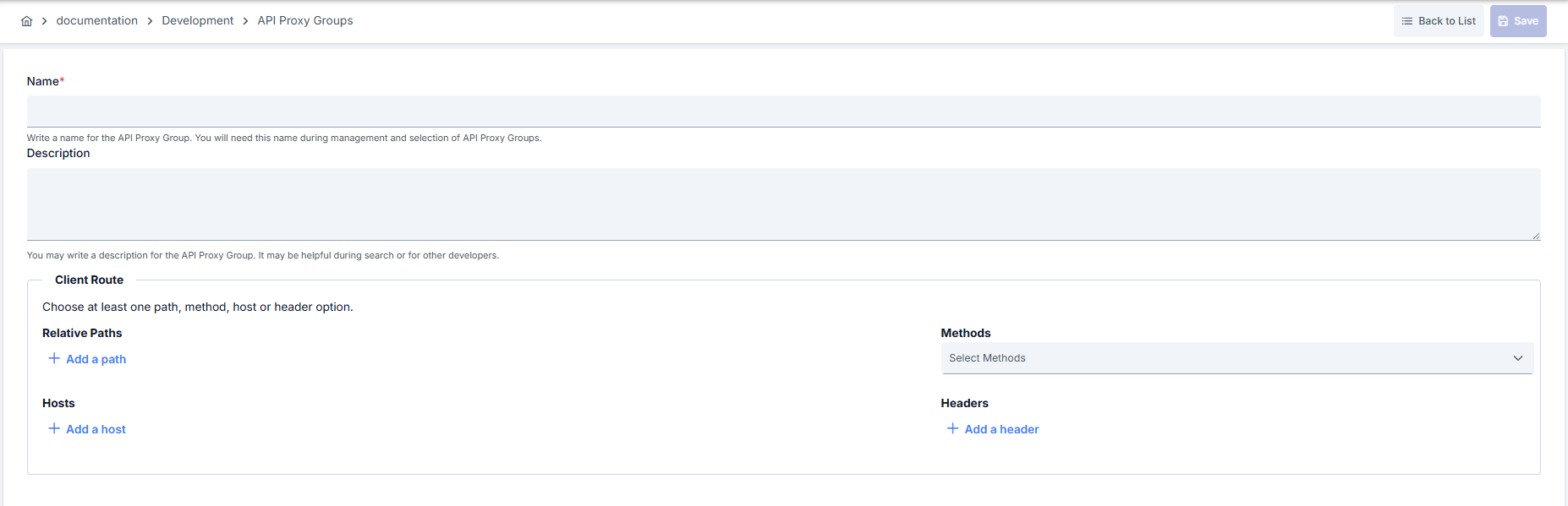 API Proxy Group Creation Screen