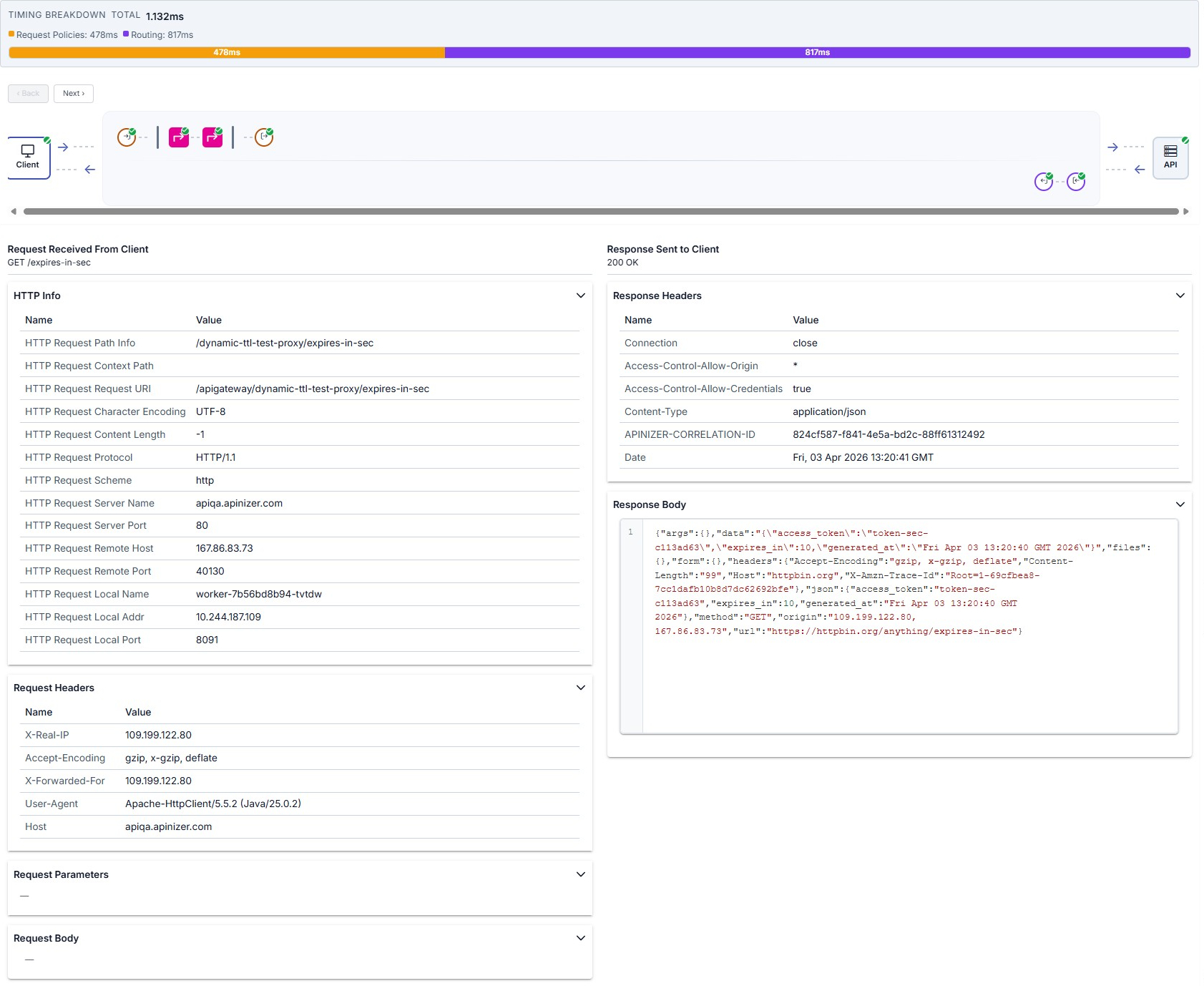 Trace drawer: Client step with request and response columns