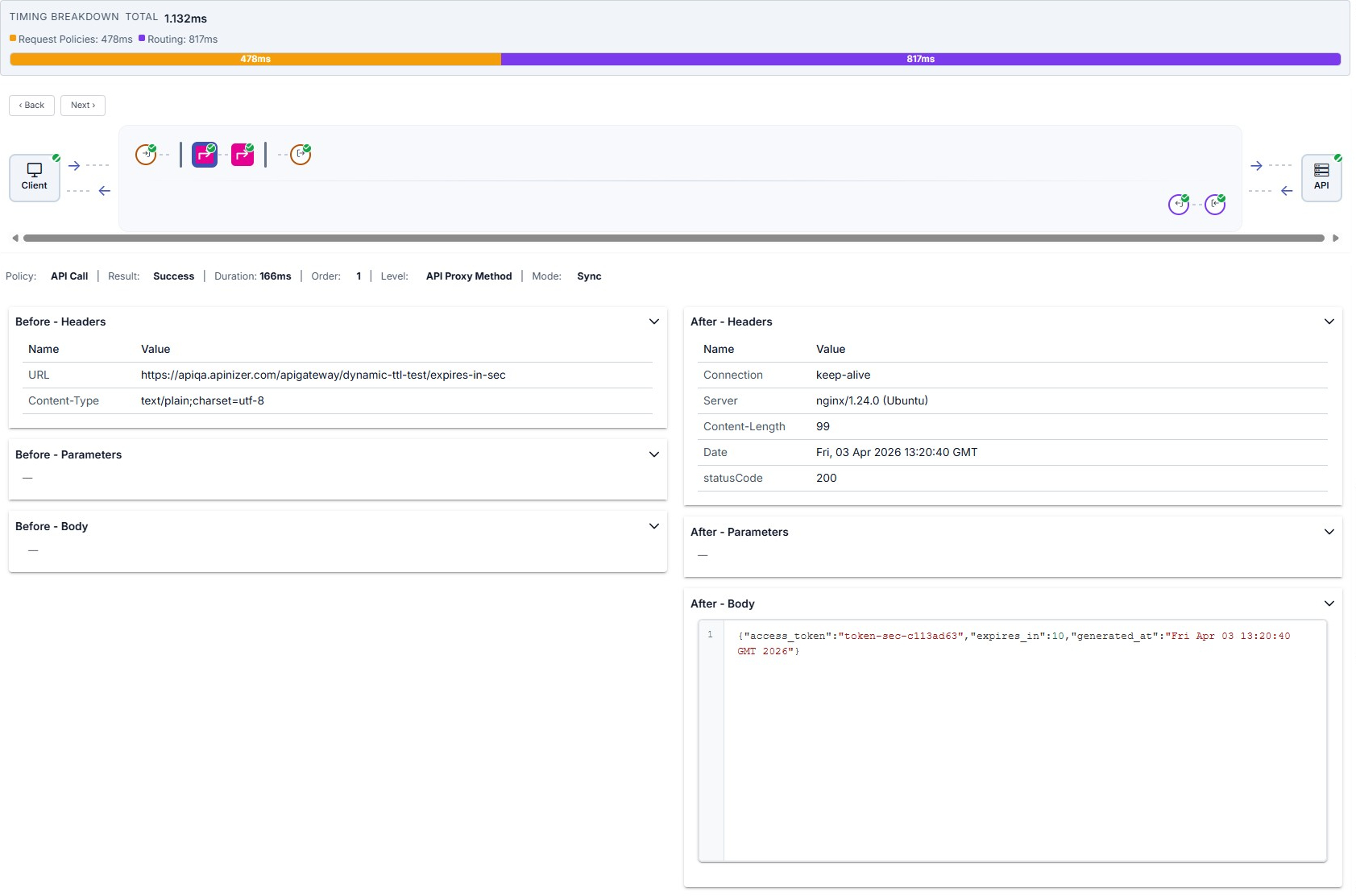 Trace drawer: policy step with Before and After panels