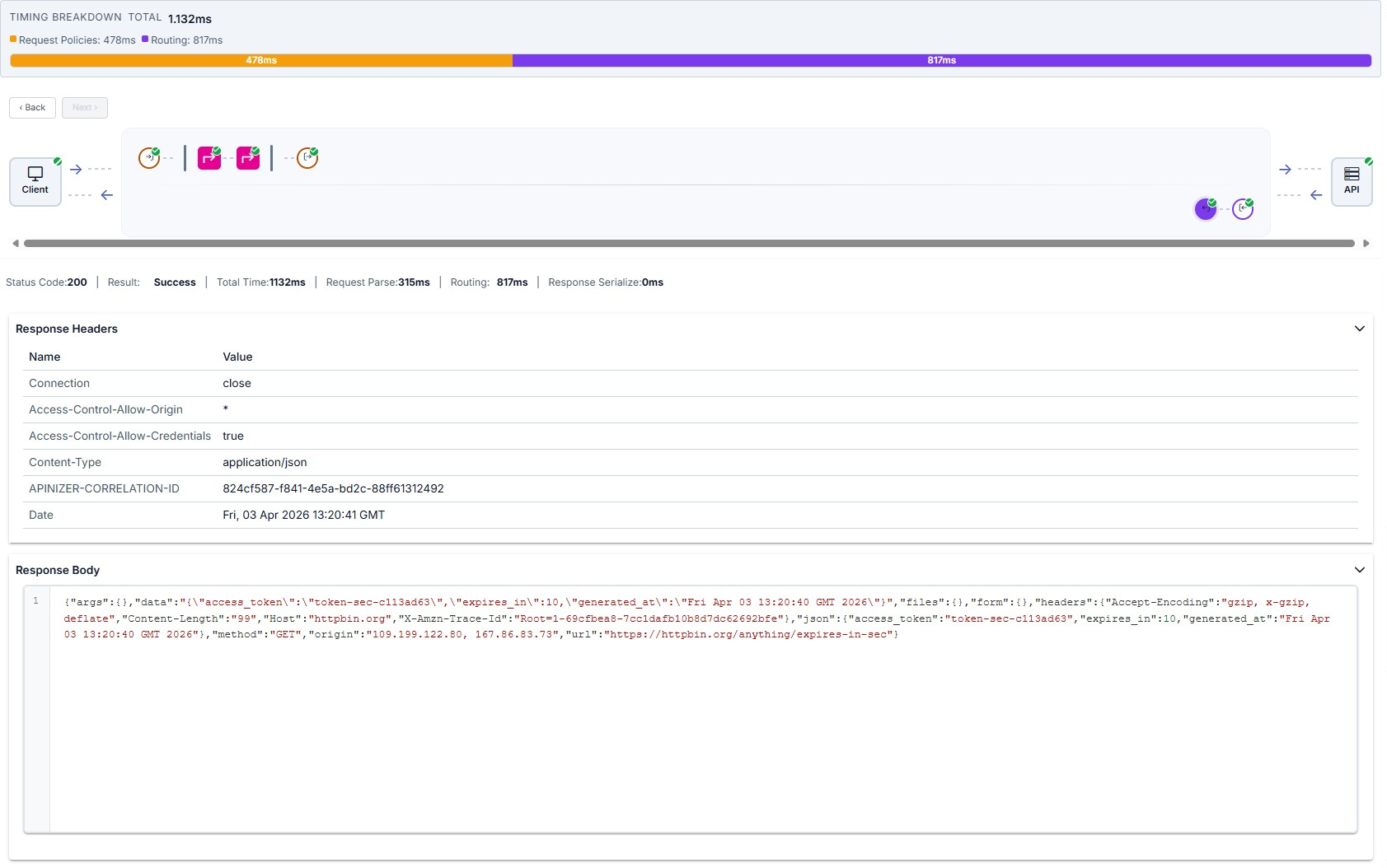 Trace drawer: response to client and timing summary