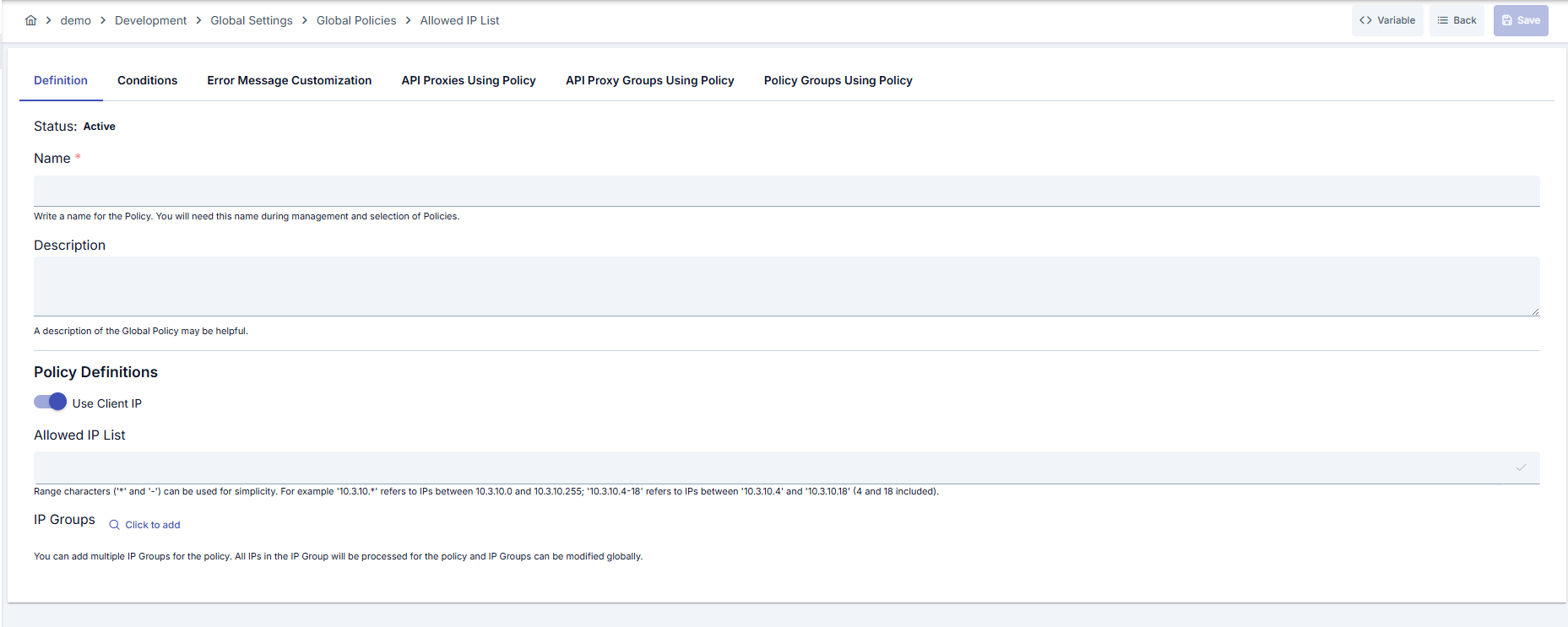 Allowed IP List Policy Configuration