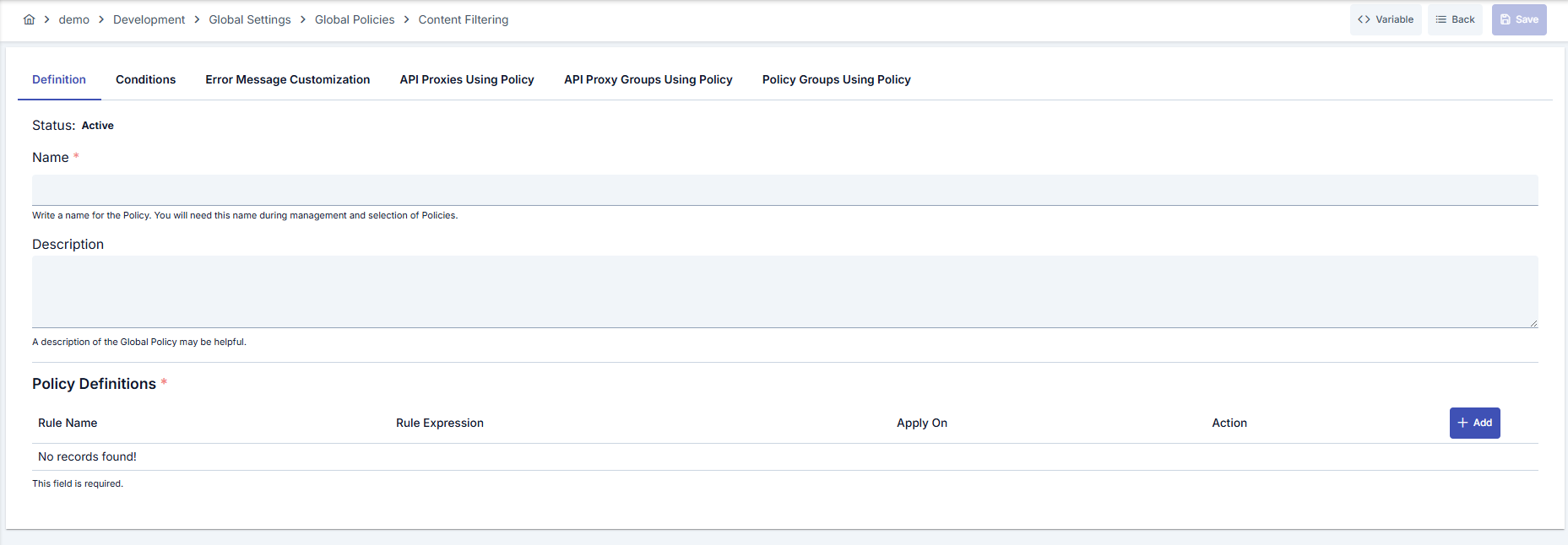 Content Filter Policy Configuration