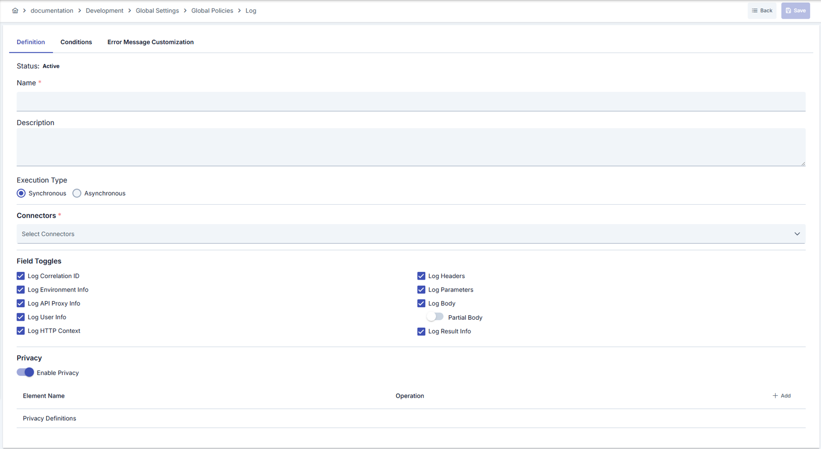 Log policy Definition tab