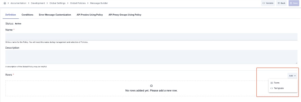 Message Builder global policy Definition tab, Rows section and Add menu with Form and Template options