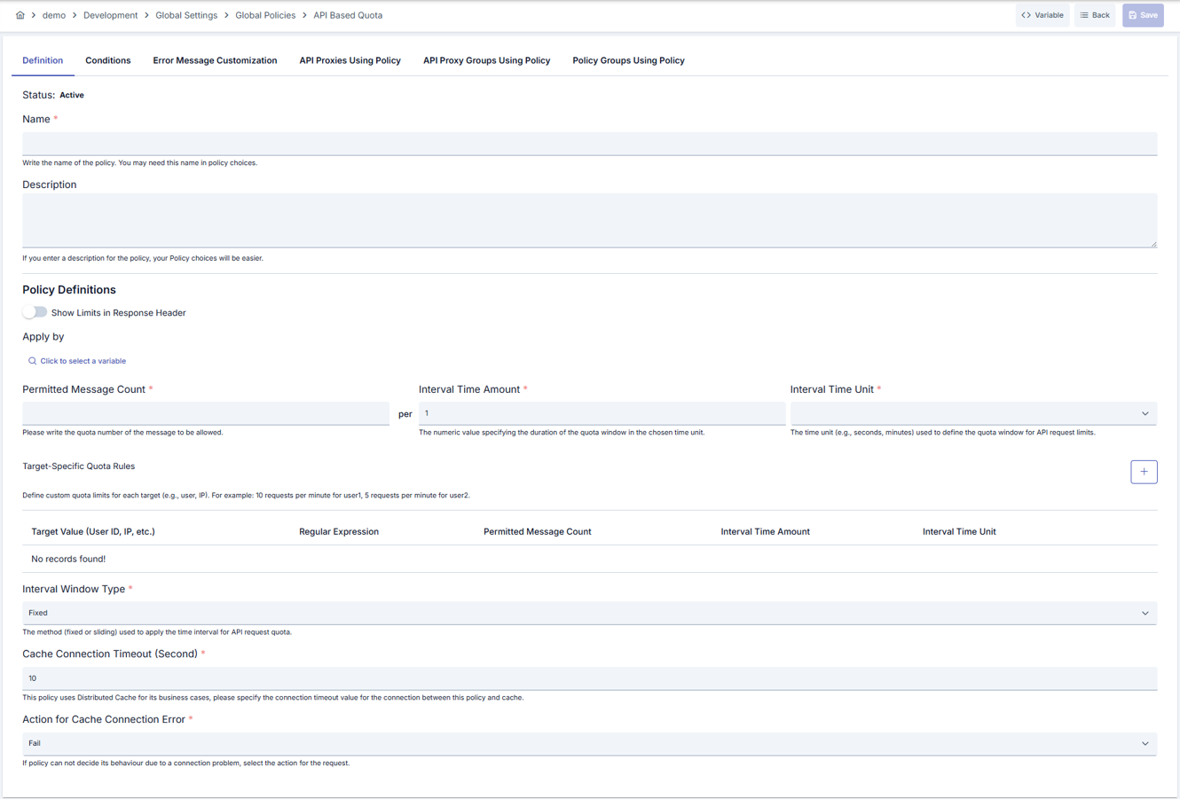 API Based Quota Policy Configuration