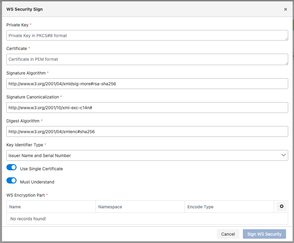 WS Security Sign settings