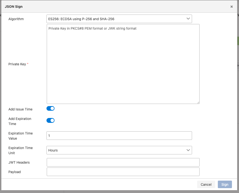 Sign JSON settings