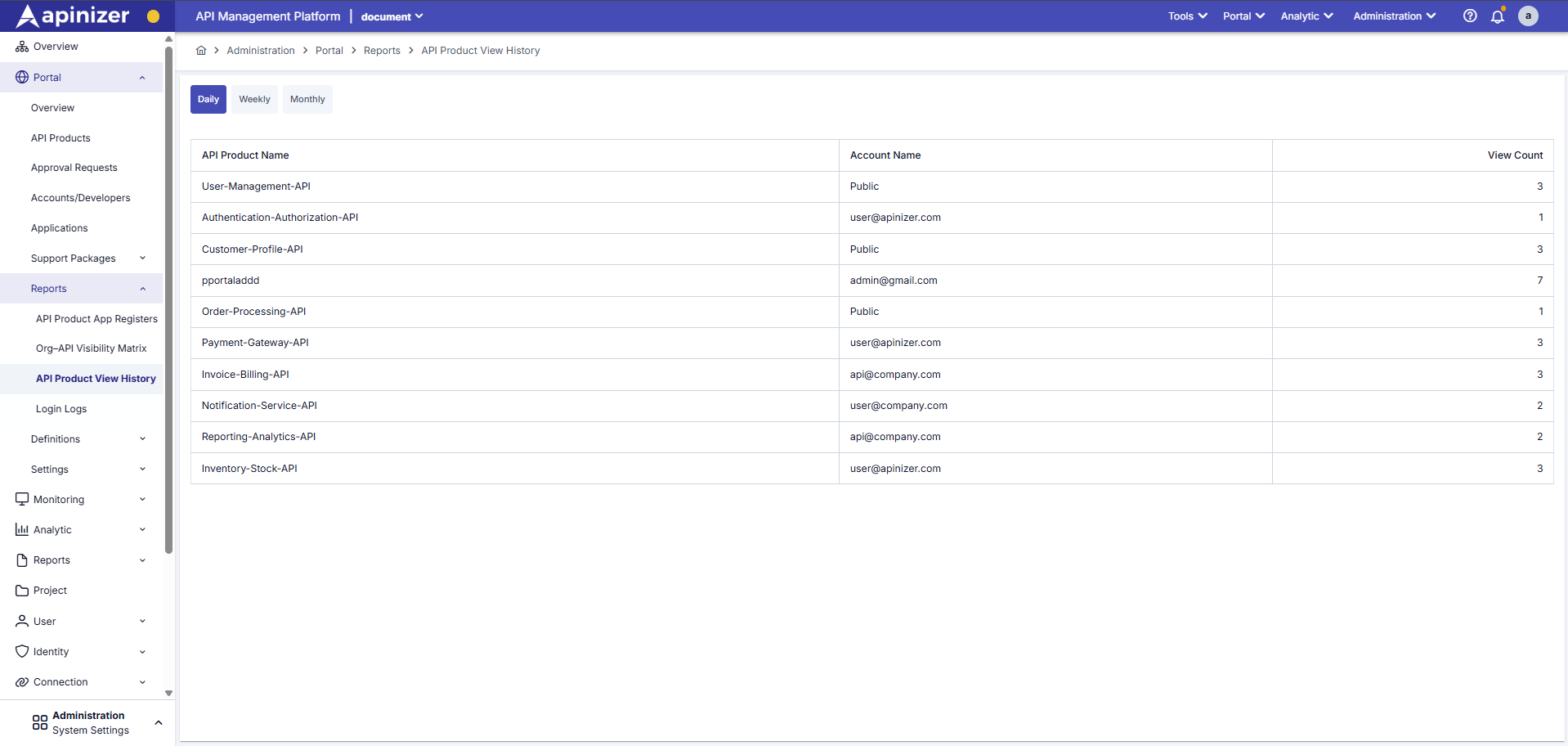 API Product View History Screen