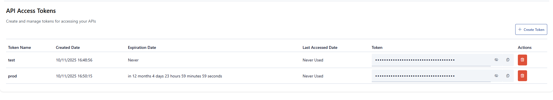 API Access Token List Screen