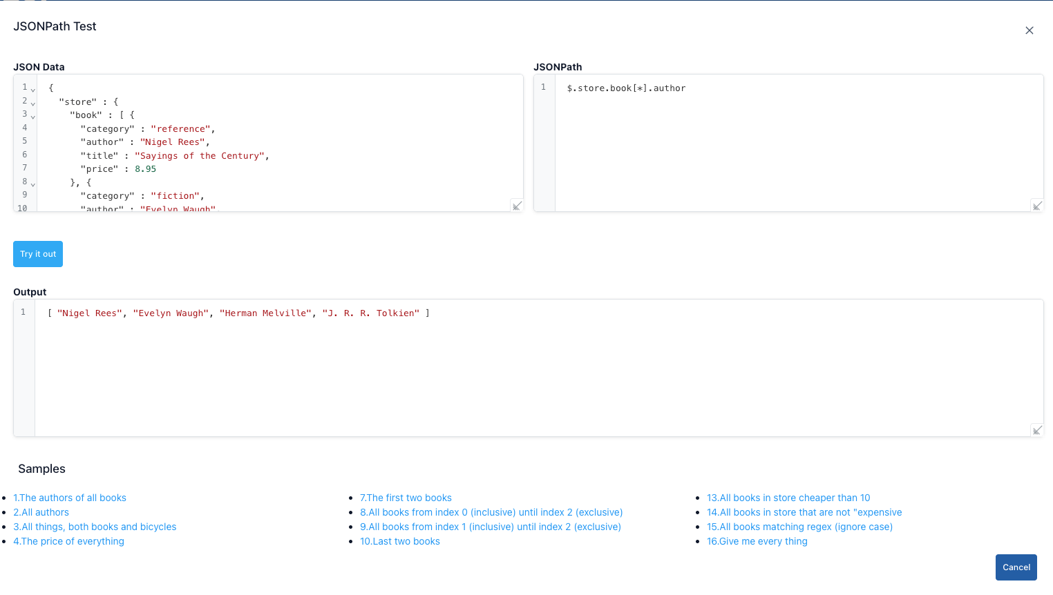 JSONPath Test Screen