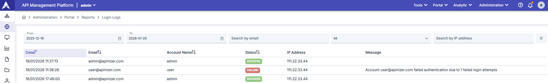 API Portal Login Logs Screen