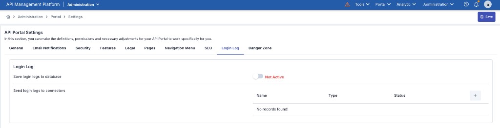 API Portal Ayarlarında Login Log sekmesi: veritabanına kaydet ve konnektörlere gönder