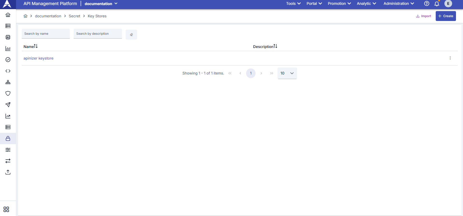 Apinizer Key Stores list