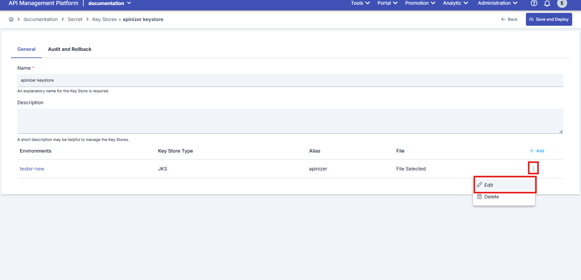Edit on the Key Store environment configuration
