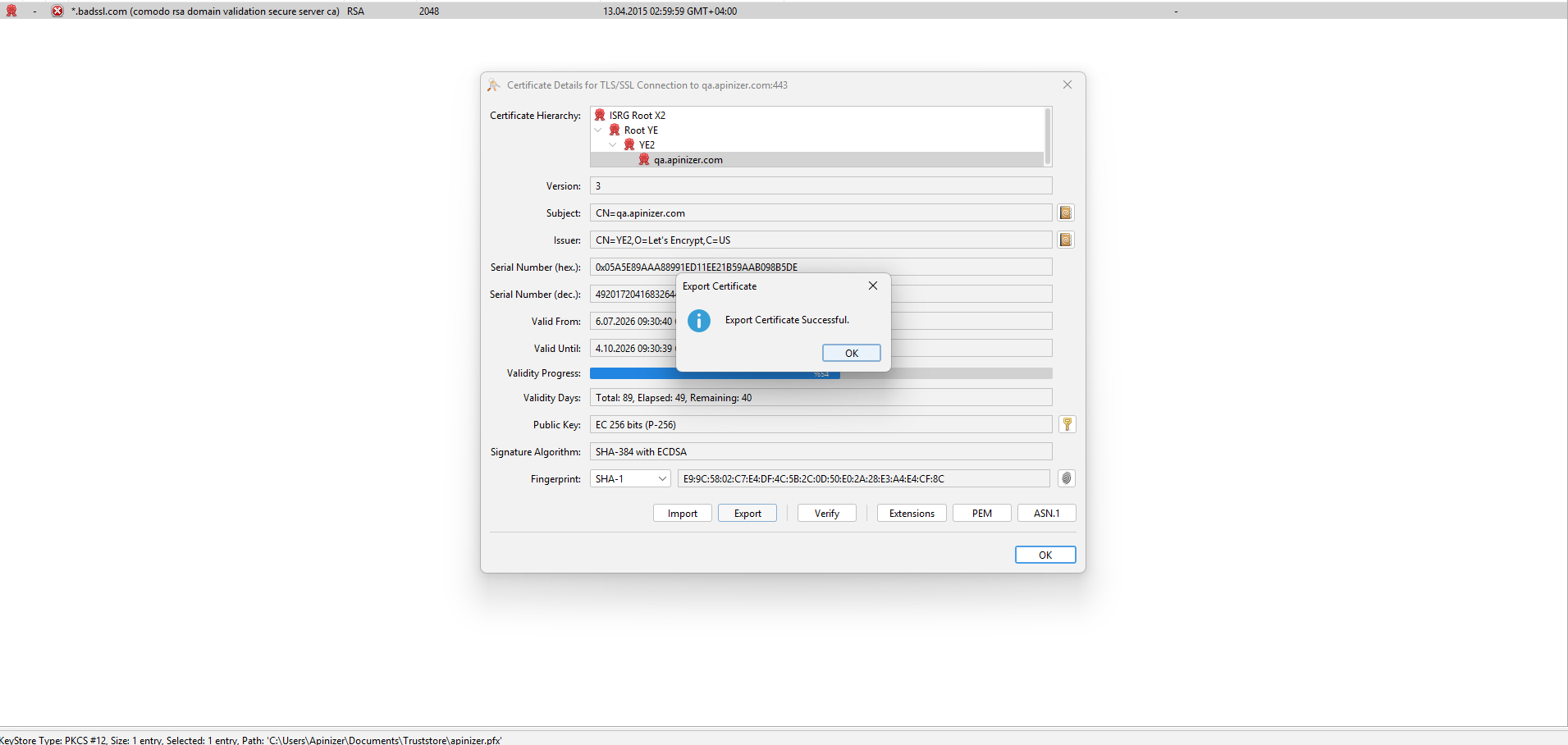 Export Certificate Successful confirmation