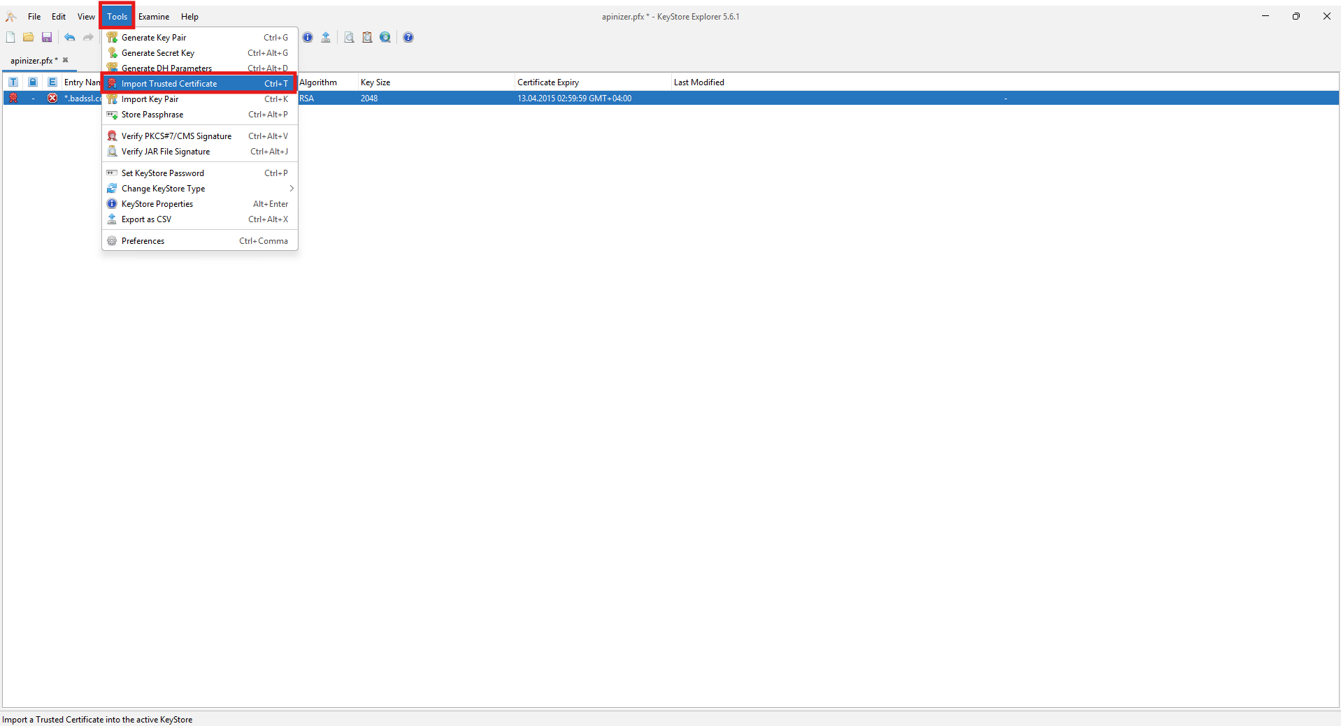 Import Trusted Certificate in the Tools menu