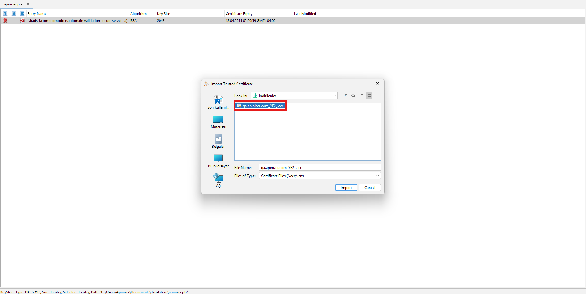 Selecting the cer file in Import Trusted Certificate