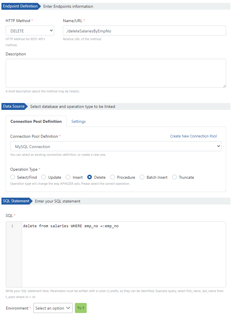 DELETE endpoint için Query parametresi
