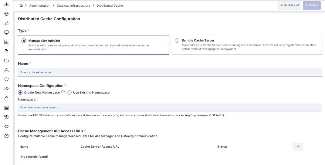 Managed Cache Server creation form