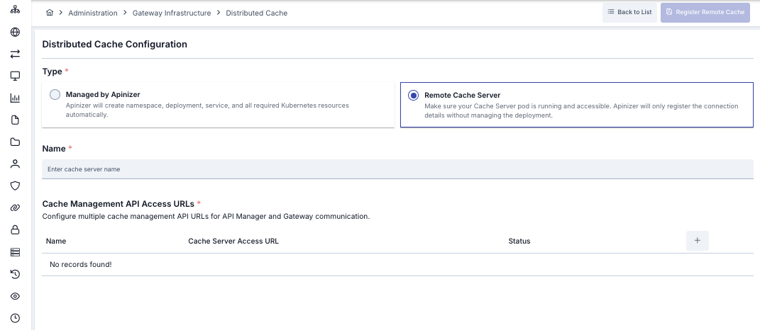 Remote Cache Server registration form