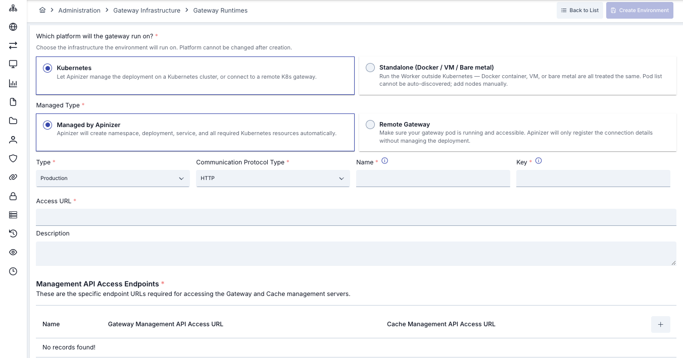 Managed Gateway environment creation form