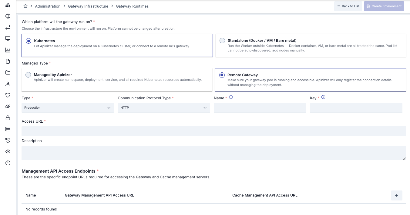 Remote Gateway environment registration form