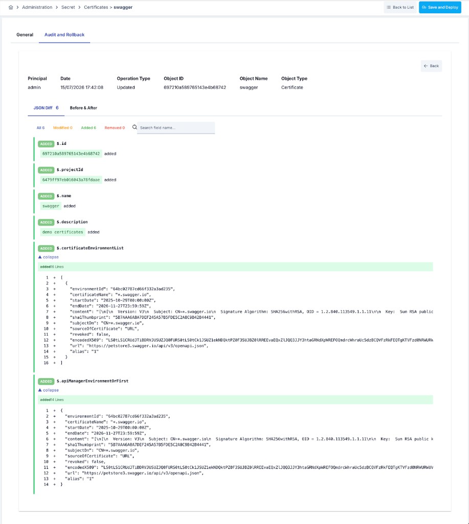 Denetim kaydı JSON Diff karşılaştırması